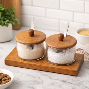 Vtg MCM Luthje Danish Teak Wood Glass Condiment Set Mid Century Modern Danish